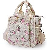 Small Floral Quilted Tote Bag for Women, Cute Crossbody Shoulder Purse with Pockets, Everyday Handbags