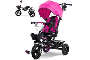 RIDYEE 7-in-1 Tricycle for 18 Months to 5 Years, All-Terrain Rubber Tires, Dual Wheel Brakes, Rotatable Seat for Toddlers 1.5-3, Tricycle for 3-5 Years with DIY Stickers, Pink