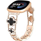 Shesyuki for Metal Bands, Compatible with Fitbit Versa 4/Versa 3/Fitbit Sense 2/Sense Band Smart Watch, Diamond Four Leaf Clover Stainless Watch Strap for Women
