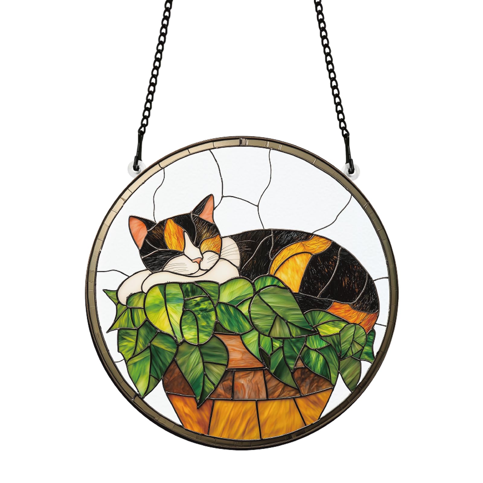 PLIGREAT Painted Cute Cat Sleeping on Potted Plants Stained Suncatcher Window Wall Art Hanging Ornament Acrylic Light Catcher Art Crafts for for Garden Home Indoor Outdoor Hanging Decor