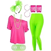 Vinsatin 16 Pcs 80s Costume Outfit Accessories Women Neon T Shirt Legging Pants Gloves Earrings Necklace Bracelet Hairband