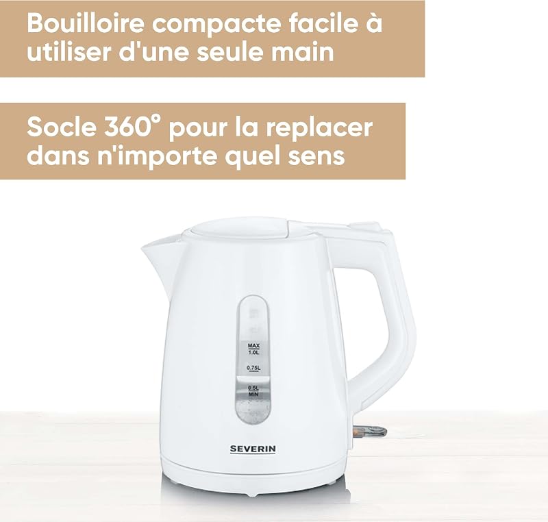 Bouilloire à Manipulation Facile, 1L, 2 200W, Filtre Anticalcaire Amovible, Socle 360°, Enrouleur de Câble, Blanc, WK 3411