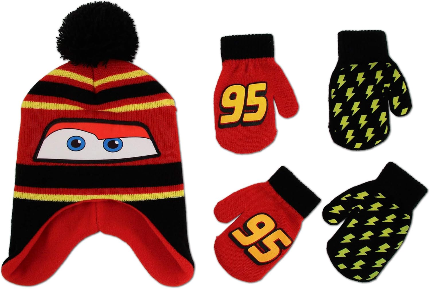 Disney Cars Lightning McQueen Winter Hat 2 Pair Mittens or Gloves (Toddler/Little Boys): Clothing