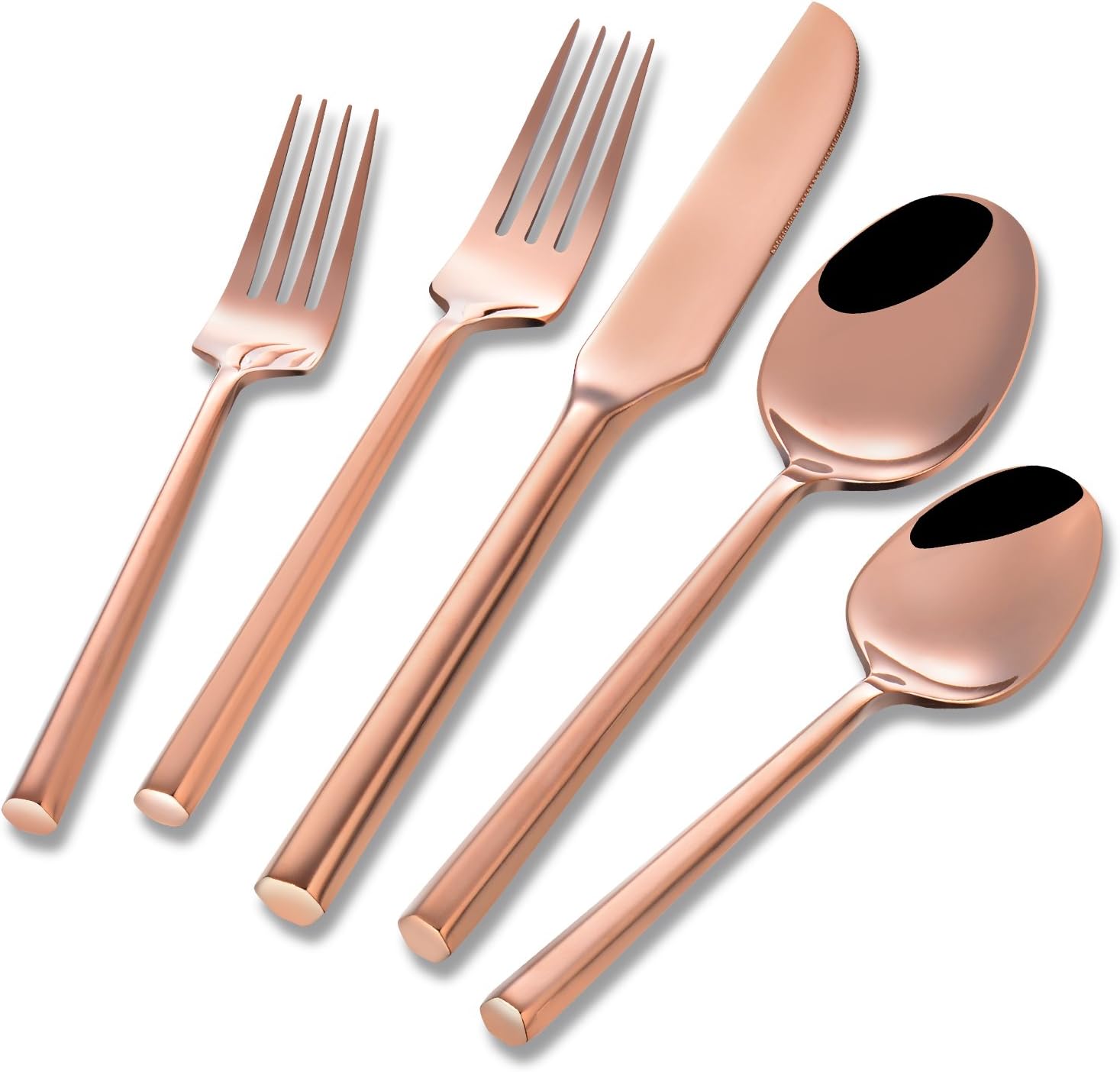 Flatasy Flatware Set Stainless Steel Silverware Set 20 Piece Rose Gold Plated Hexagon Forged Cutlery Dinnerware Service for 4