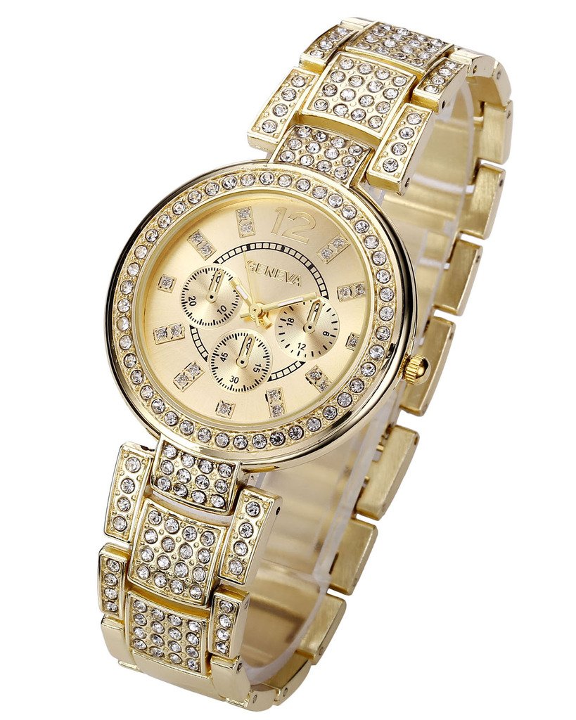 Top Plaza Women Luxury Fashion Gold Tone Bracelet Analog Watch Rhinestone Crystals Accented Metal Quartz Watch With Decorative Chronograph