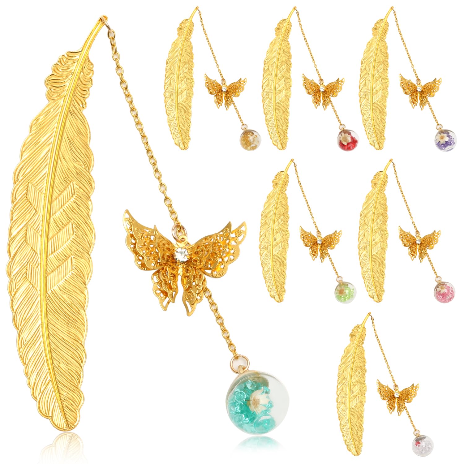 7 Pieces Metal Feather Bookmarks with 3D Butterfly Pendant, Butterfly Bookmark Gift for Book Lovers, Readers, Teachers and Students, Christmas Gift Box Decorations (Golden Feather)