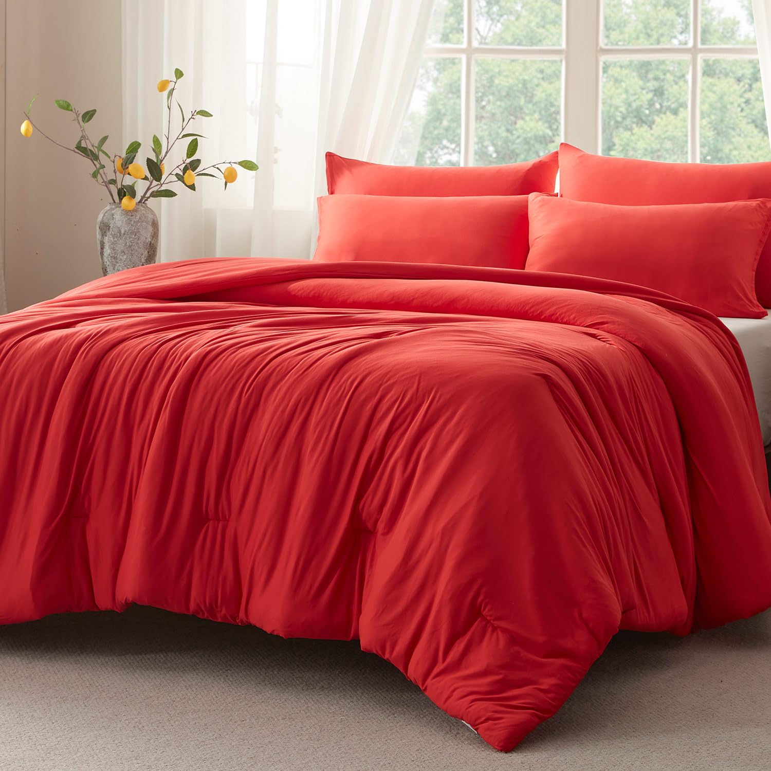 Photo 1 of Voguease Queen Comforter Set, Comforters Queen Size Luxury Ultra-Soft Jersey Knit Bedding Sets, Red Lightweight Down Alternative Bed Comforte Queen for All Season, 3 Piece Bedding Setrey