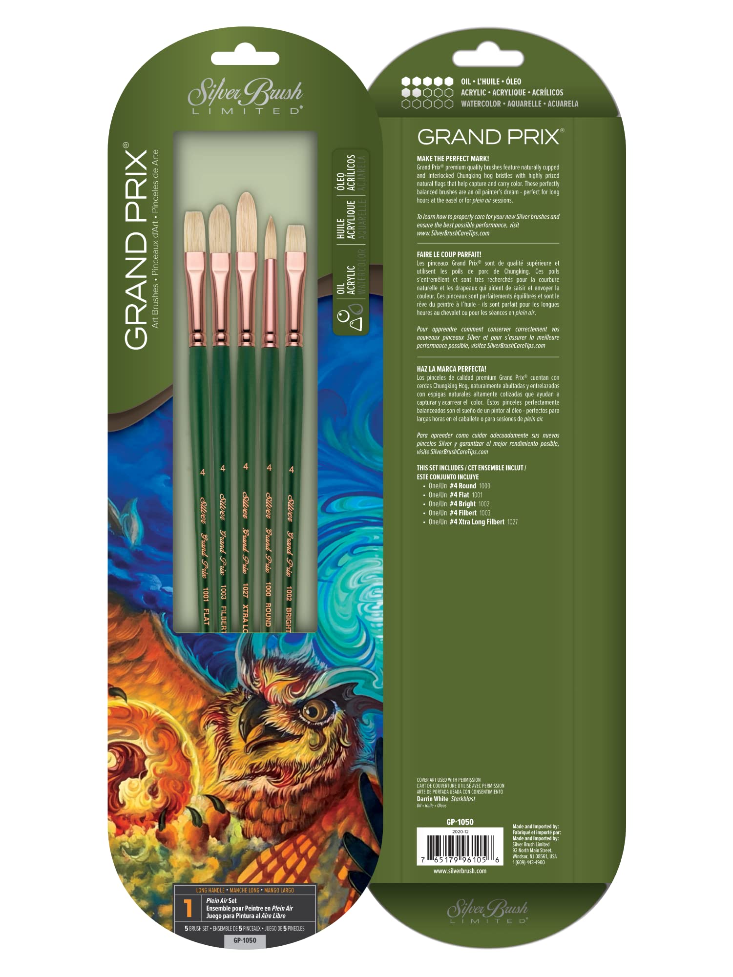 Silver Brush Limited GP-1050 Grand Prix 5pc Professional Paint Brush Set for, Natural Filament Oil Paint Brushes, Round, Flat, Bright, Filbert, and Extra Long Filbert Brushes, Size 4, Long Handle