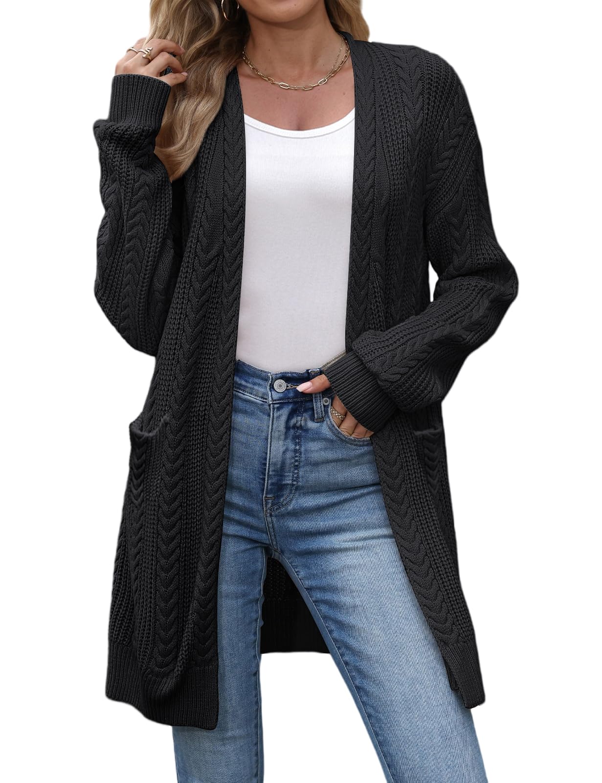 Photo 1 of VIMPUNEC Womens Fall Long Cardigan Sweaters Cable Knit Jackets Open Front Outwear Coats with Pockets Black S