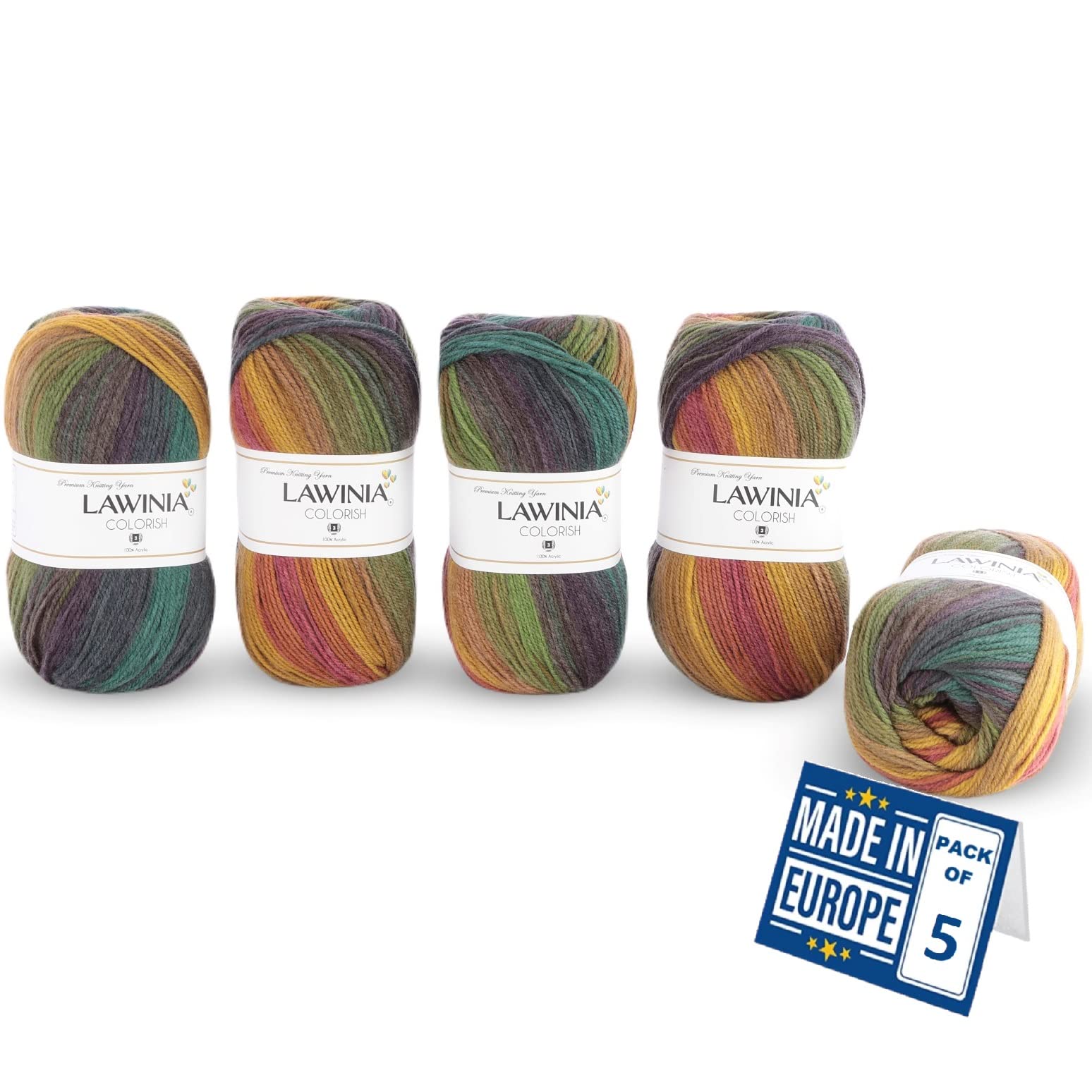 LAWINIA COLORISH Luxury Rainbow Yarn DK, Rainbow Wool for Knitting, Pack of 5 Each 100g - 350m 100% Acrylic DK Knitting Yarn, Multicoloured Wool, Ombre