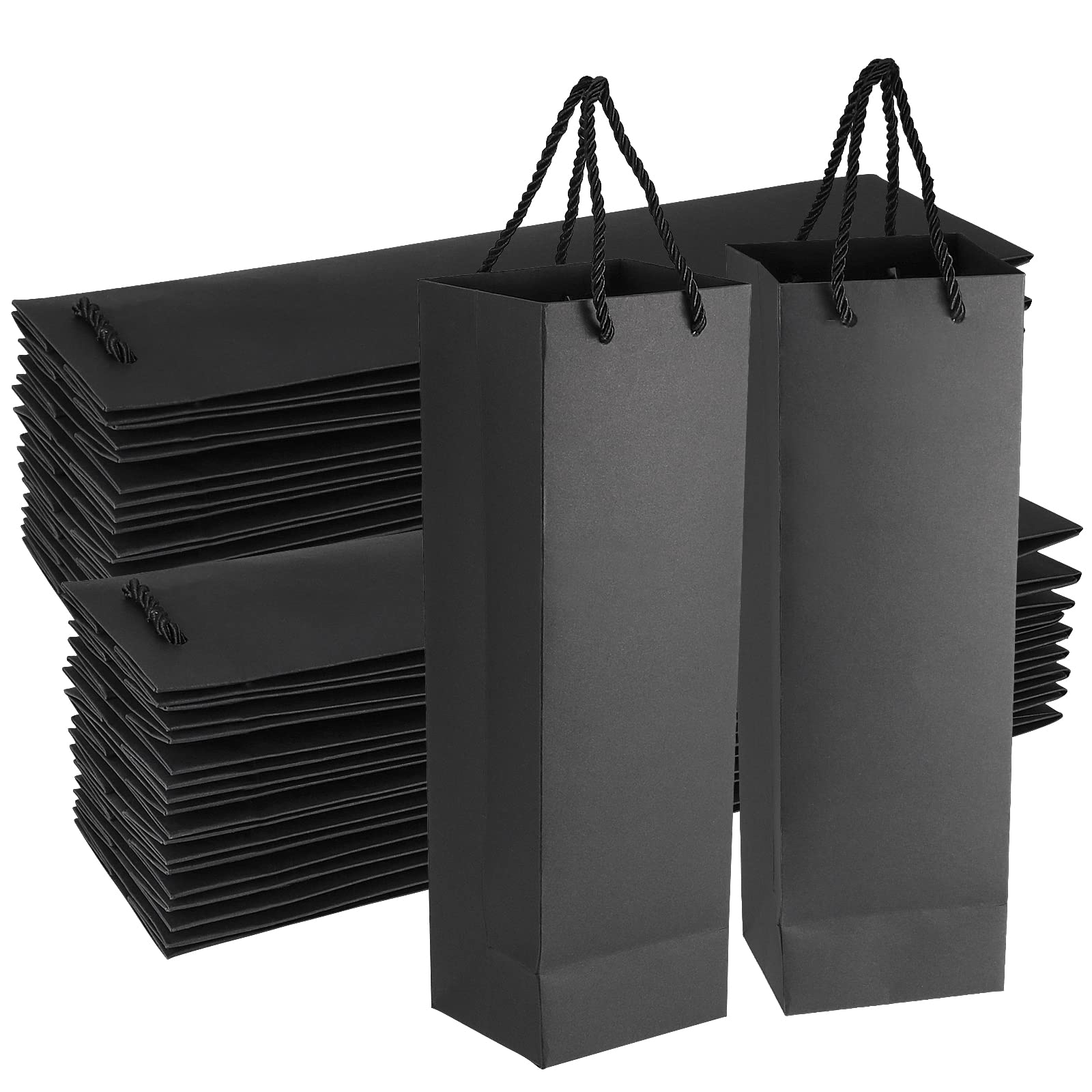 SINJEUN 40 PCS Black Wine Gift Bag, 11 x 9 x 35cm Single Wine Bottle Carrier with Handles, 250 GSM Thick Reusable Gift Bottle Carrying Bags Tote Holders for Champagne, Whiskey, Spirits