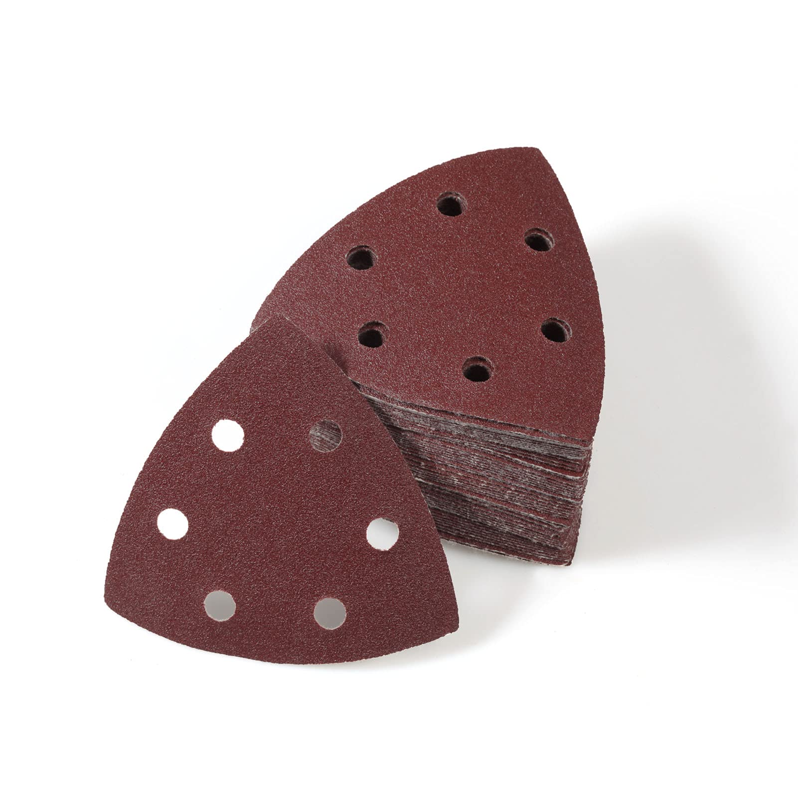 LEONTOOL 50 Pcs Triangle Sanding Pads 3.5-Inch, Hook and Loop Sanding Disc 6 Holes, Detail Sandpaper 120 Grit, Sanding Sheets Sanding Paper for Wood Metal Polishing