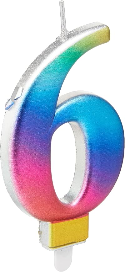 Unique Metallic Rainbow Number 6 Birthday Candle 3D Topper