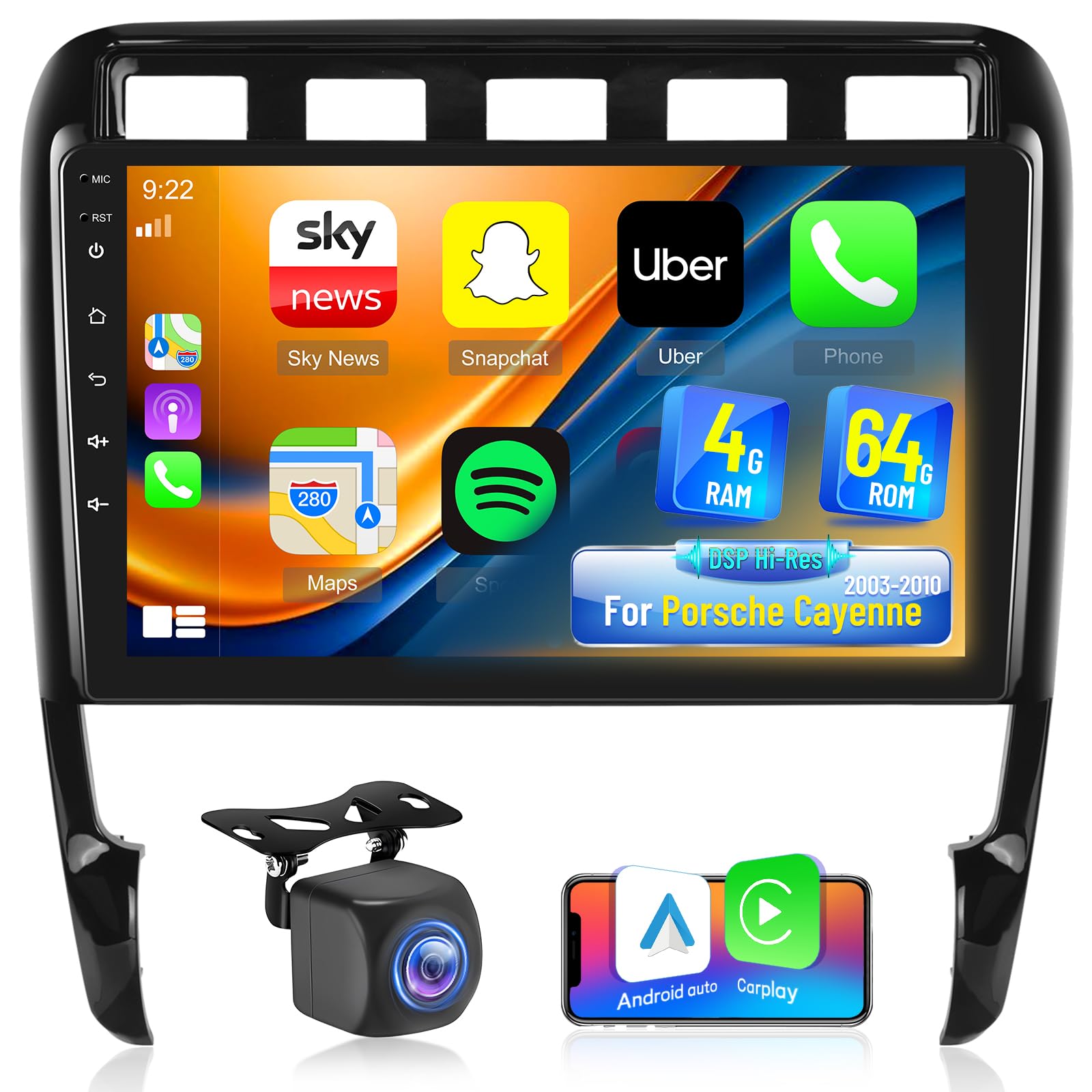 Photo 1 of [Qualcomm 8 Core 4+64G] Car Radio for Porsche Cayenne 2003-2010 - Wireless Carplay and Android Auto - 9 Inch 1280 * 720 IPS Touch Screen Android Car Stereo - DSP/GPS/WiFi/SWC + AHD Backup Camera