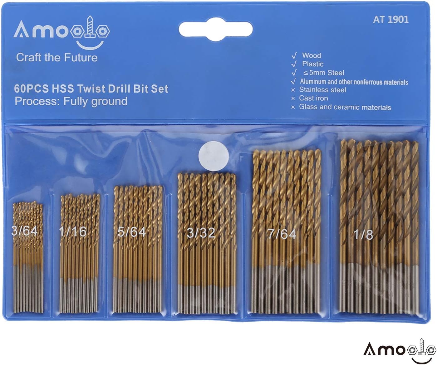 amoolo Titanium Drill Bit Set (60 pcs), Premium 4341 HSS Micro Drill Bits for Wood, Metal, Steel, Plastic, Aluminum Alloy, 3/64"-1/8" - - 