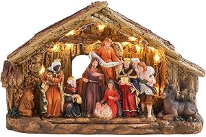 Bdor Nativity Scene Christmas Decoration, 11.4x3.5x7 Inch Lighted Jesus Birth Display, Holy Family Christmas Tabletop Decoration, Electric Manger Scene with LED Lights