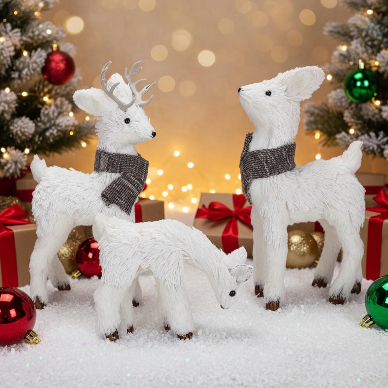 Photo 1 of **MINOR DAMAGE - USED**
Civaner 3 Pcs Reindeer Christmas Decor 12 Inch Realistic Woodland Animals White Reindeer Figurine Christmas Deer Decorations with Scarf Centerpiece Table Decor for Indoor Fireplace Home Mantel Shelf
