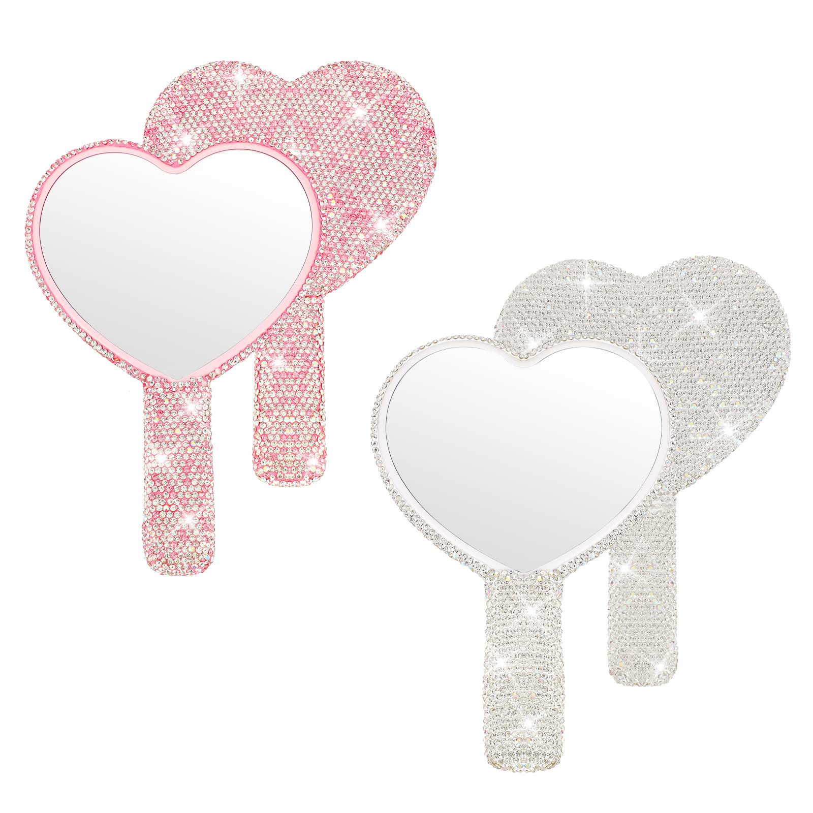 Photo 1 of Tatuo 2 Pcs Rhinestone Mirror Handheld Bling Heart Lip Shaped Hand Mirror Glitter Cosmetic with Handle Portable Cute Travel Makeup Lash for Women (Pink and White)