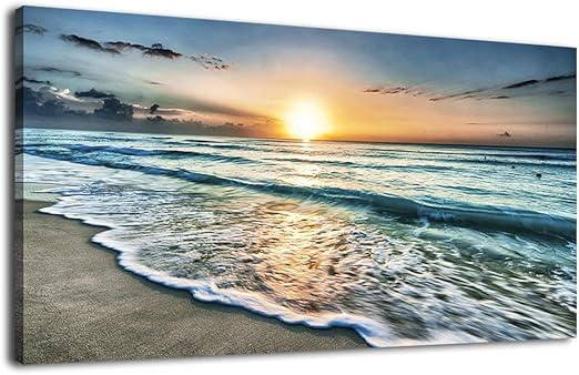 Decoration Murale Sur Toile Coucher De Soleil Plage Bleu Waves