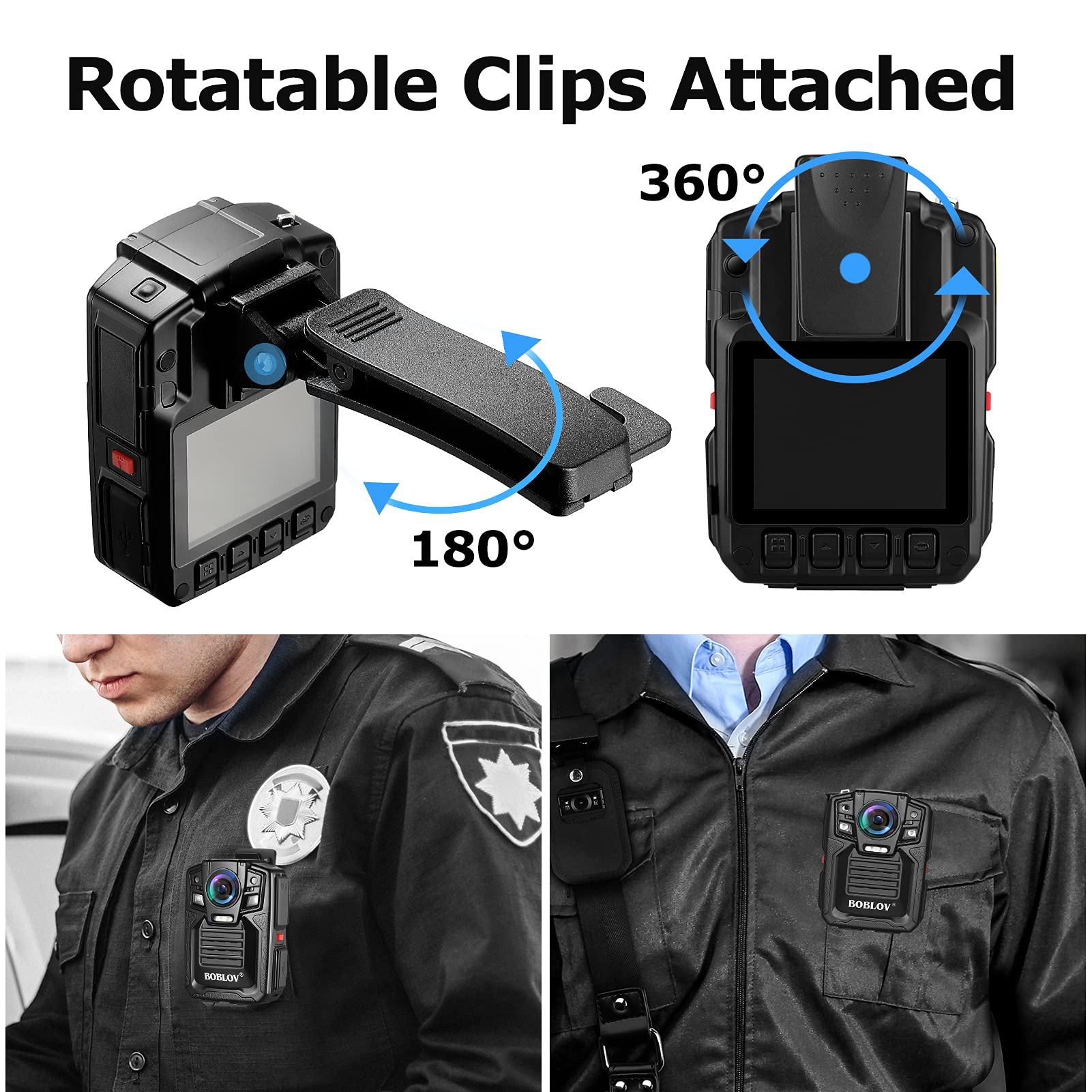 BOBLOV HD66/D7 2K 1440P Body Worn Camera, 2 Batteries with Dock, IP67 1440P Outdoor Body Camera Audio & Video Recorder 170° Wide Angle IR, with 360° Rotation Clip (64GB)