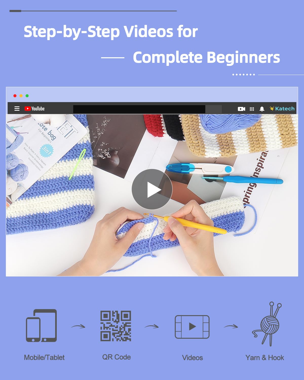Katech Crochet Kit for Beginners - Striped Tote Bag Set Includes Yarn, Hooks, Step-by-Step Guide, Needles & Accessories - Adults & Kids Crochet Starter Gift