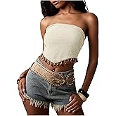 MakeMeChic Women's Beaded Tassel Trim Tube Top Strapless Sleeveless Summer Boho Bandeau Shirt