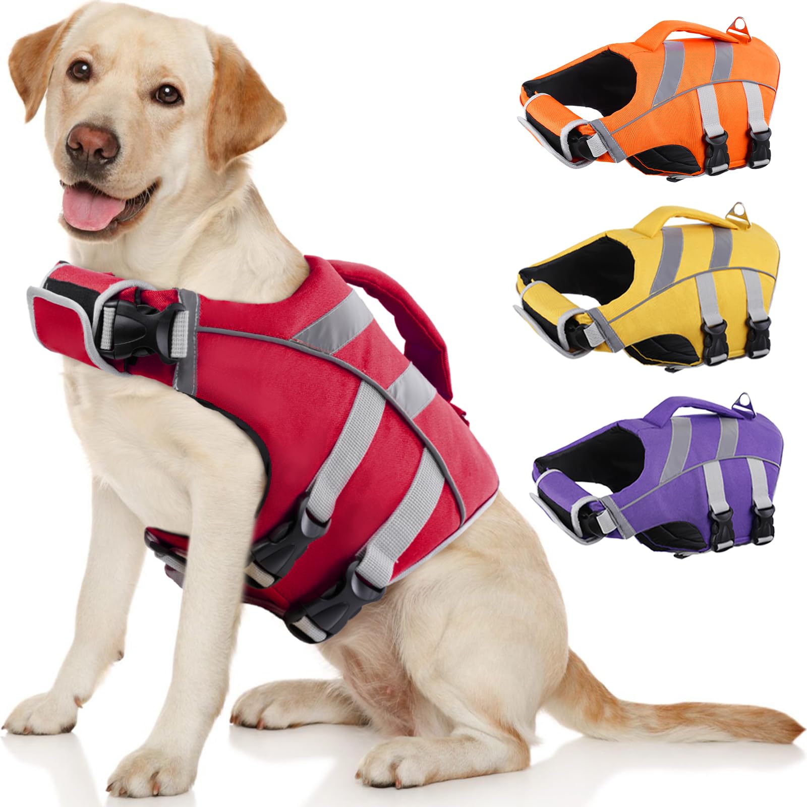 Kuoser犬用ライフジャケット 大型犬用 ライフセーバー 救命胴衣 高浮力素材 反射テープ 着脱簡単 防水 バックル締め マジックテープ 水泳 水遊び プール レッドXL の商品画像