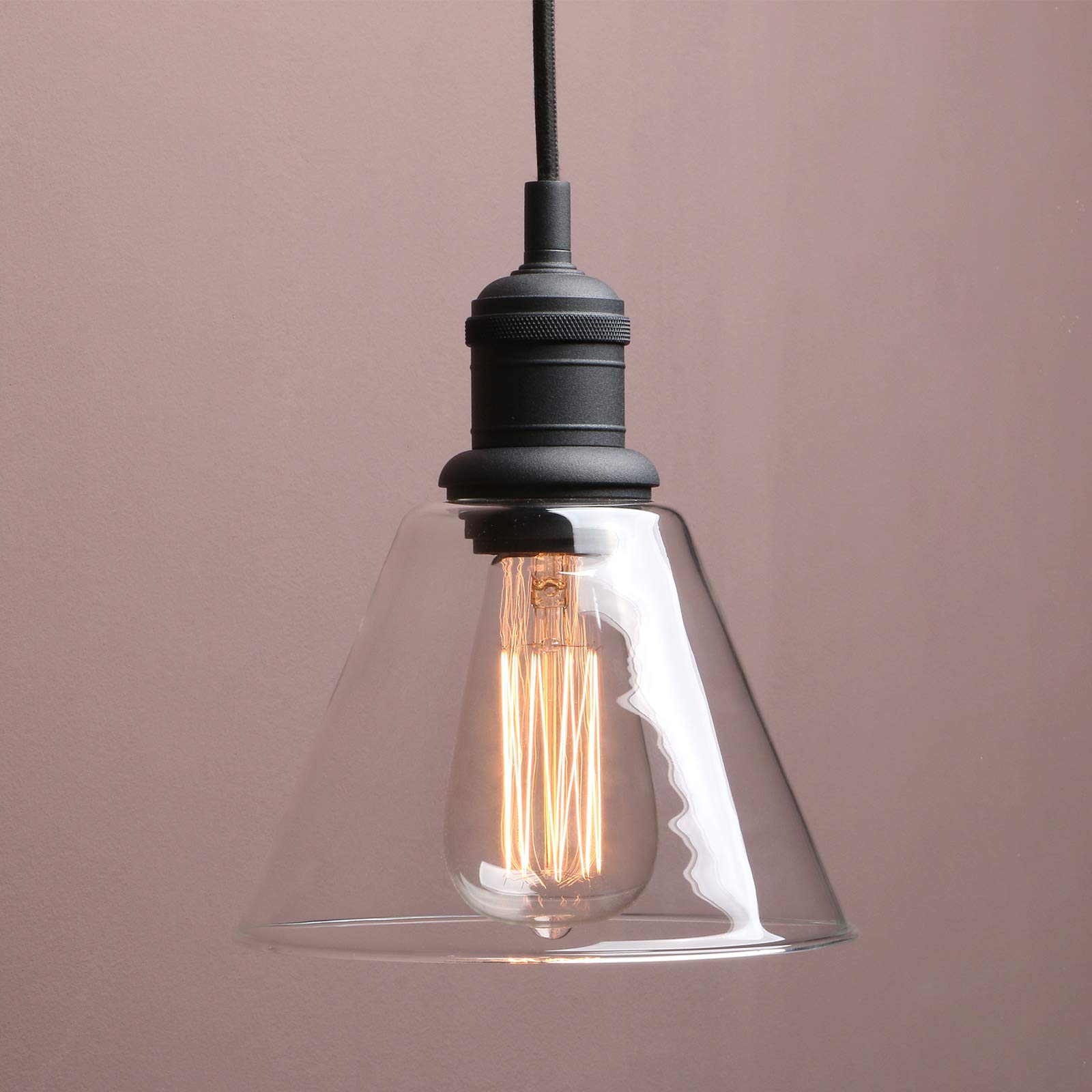 Photo 1 of Yosoan 1-Light Vintage Edison Hanging Pendant Light, Mini Semi Flush Mount Light Fixture Funnel Flared Clear Glass Shade for Kitchen Bathroom Porch Living Room Dinning Room Hotels Bar Island(Black)