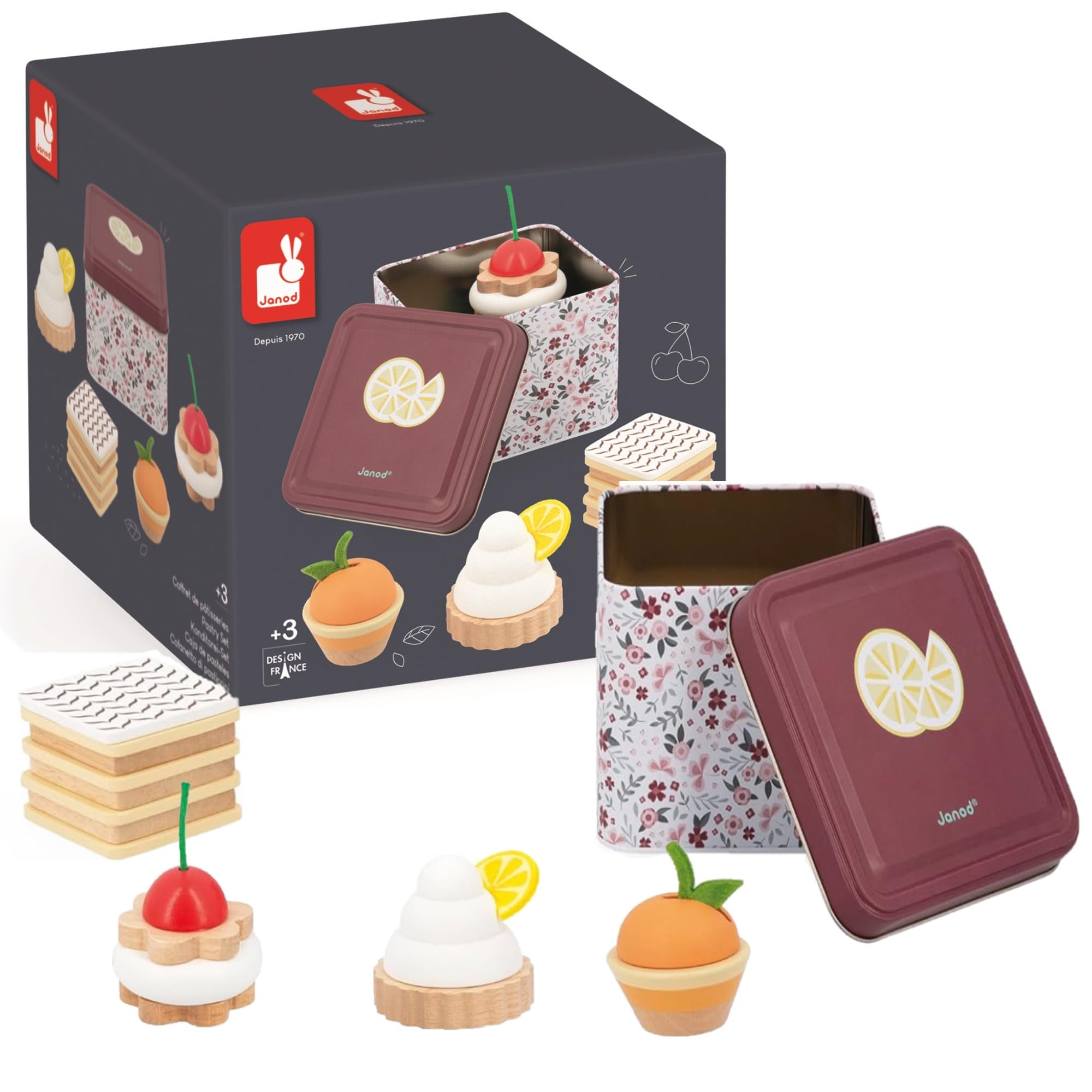 Janod - Twist Metal Set - 1 Metal Tin + 4 Wood and Felt Pastries - Pretend Play Toy - 3 Years +, J06627