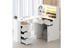 HOLAINAIL Manicure Table Nail Tech Desk w/LED Display Shelf, L-Shaped Glass Top Nail Station w/USB Ports, Cabinet, Drawer, Wrist Rest, for Professional Salon Manicure Workstation (White)