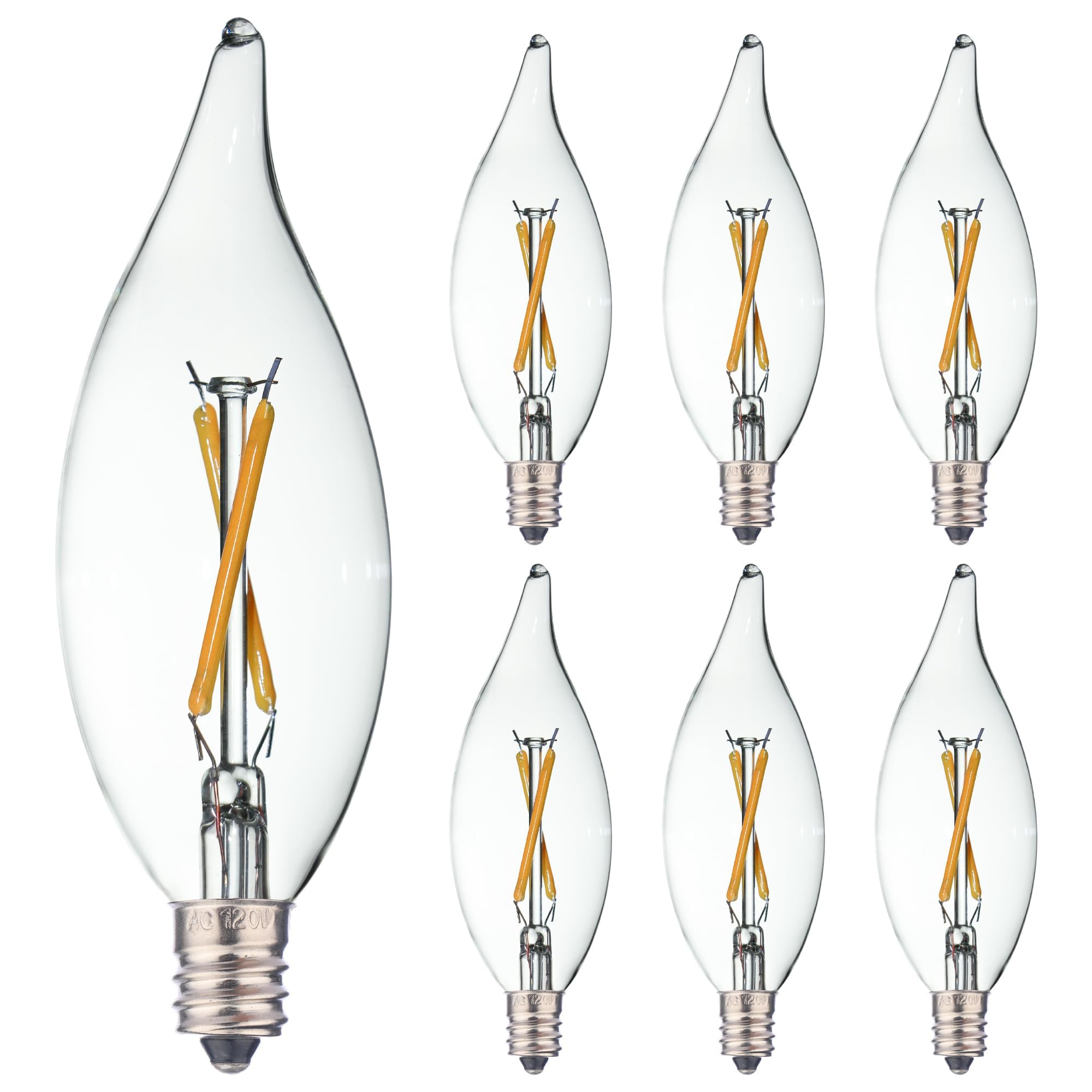 Photo 1 of FANNIS 6 Pack B10 CA10 Flame Tip Filament LED Bulb, 2W Equals 10W 15W 20W Warm White Light, E12 Candelabra Base Edison Bulb, Clear Glass Light Bulb for Pendant Chandelier Ceiling Fan