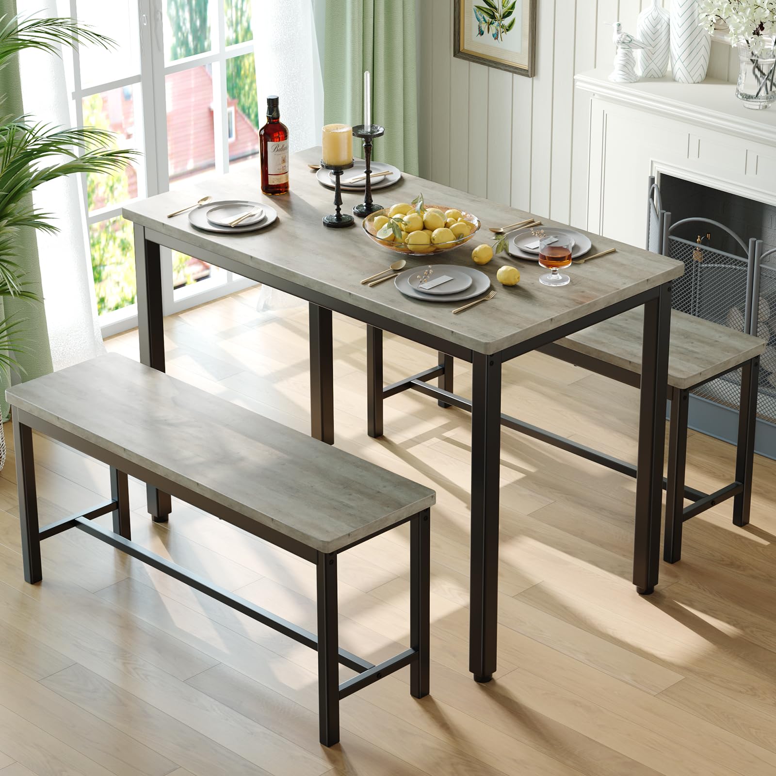 Photo 1 of ***missing parts used***Tatub Dining Table Set for 4, 3-Piece Kitchen Table with 2 Benches, Space-Saving Dining Room Set for Breakfast Nook and Small Spaces, Grey