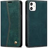 QLTYPRI Wallet Case for iPhone 12/12 Pro, Vintage Folio PU Leather Case with Card Slots Magnetic Closure Kickstand Flip Shockproof Phone Cover for iPhone 12/12 Pro, Dark Green