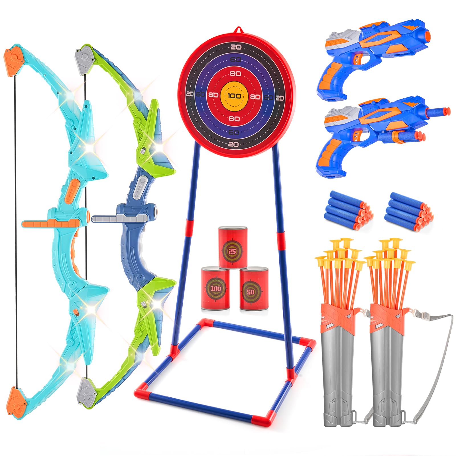 Photo 1 of VEVOR Bow and Arrow Set for Kids, 2 Pack LED Light Up Archery Set with 20 Suction Cup Arrows, Indoor Outdoor Toy for Boys Girls Age 4-8 8-12 with Standing Target & 2 Guns, Ideal Gift for Kids