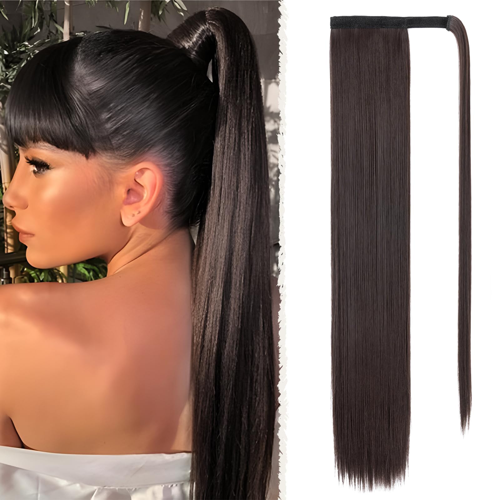 Benehair 28 Inches Straight Ponytail Extension Long Wrap Around Drawstring Ponytail Synthetic Hair Extension Ponytail Brown Hair Pieces for Women(Brown, 140g)