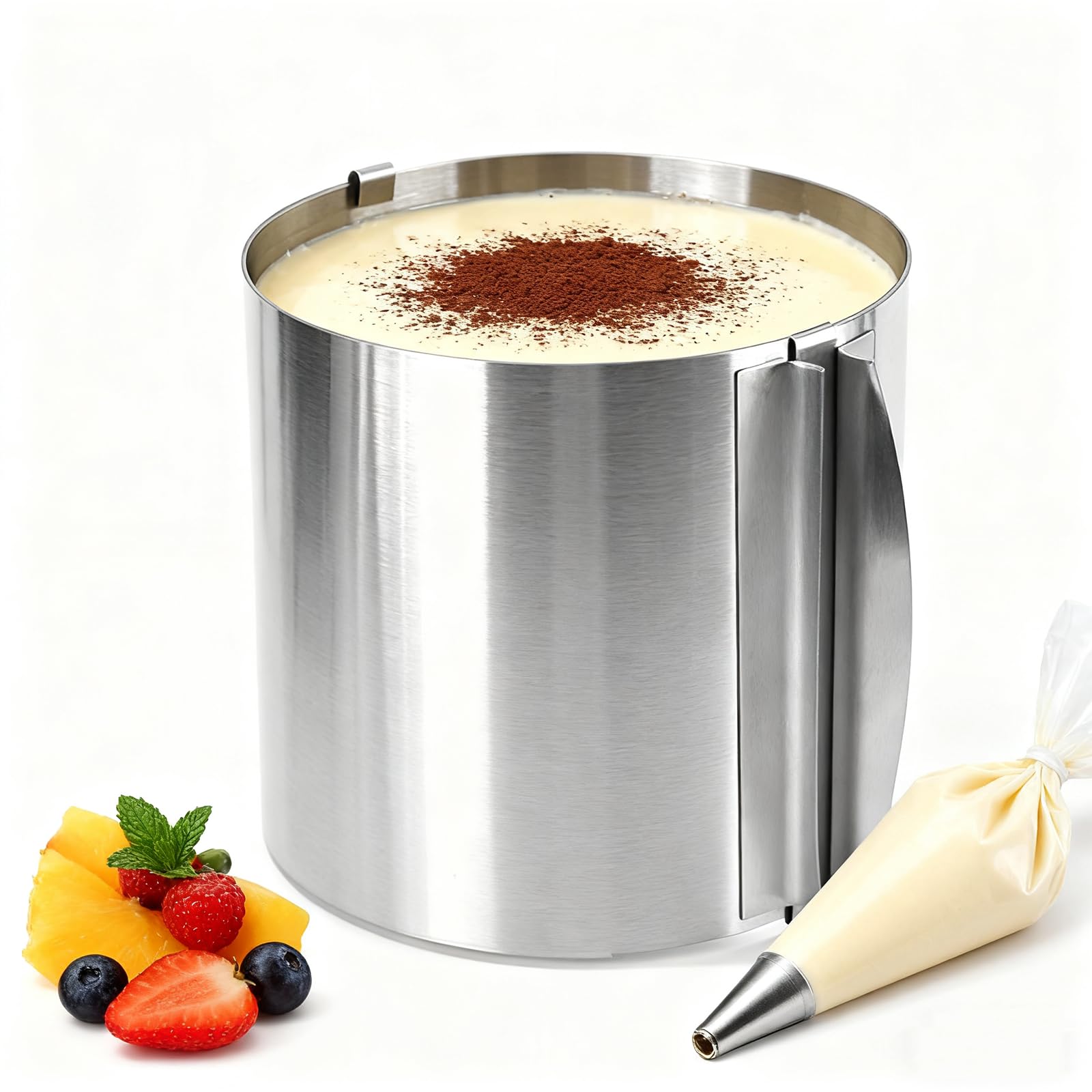 Iwinna Stainless Steel Cake Ring High 15cm, Adjustable Cake Ring Diameter 16 to 30cm, Stable Baking Rings Bakeware Tool with Precise Scaling Inside