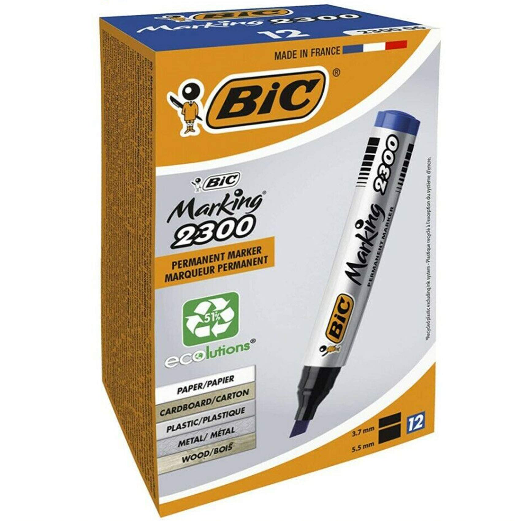 BIC 2300 Permanent Black MARKERS Pens Craft Home School Office Stationery Thick Ecolutions Ultra-Durable Chiselled Tip Box Dries Quickly All Surfaces RGB UK Free P&P (12 X MARKERS (MEGA Box), Blue)