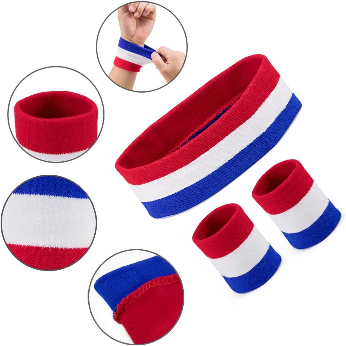 BEFORYOU 2 Sets Striped Sweatbands Set, 2 Pieces Sports Headband and 4 Pieces Wristbands Sweatbands Colorful Cotton Striped Sweatband Set American Flag Style for Men and Women (Red White and Blue) : Clothing