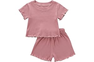 Kupretty Toddler Baby Girl Summer Clothes Ruffle Ribbed Knit Short Sleeves T-Shirt Tops + Shorts Cute Outfits Set