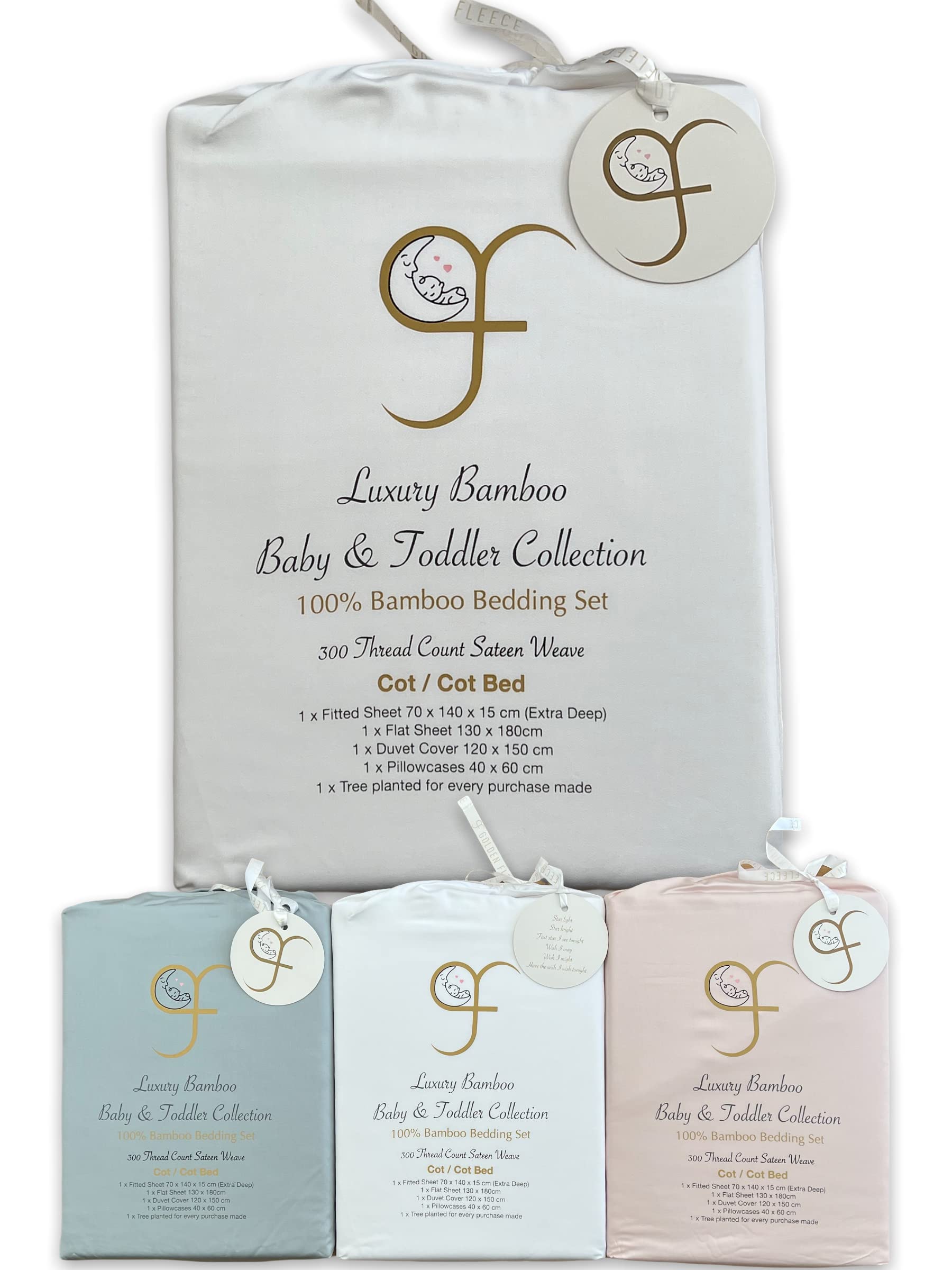 GF 100% Organic Bamboo Baby & Toddler Cot Bed Bedding Set 4 Pieces 300tc Luxurious sateen weave Duvet Cover, Fitted sheet, Flat Sheet, Pillowcase