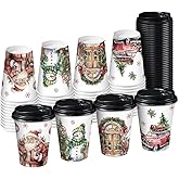 RUSPEPA Disposable Paper Coffee Cups with Lids 12 oz - 48 Pack Christmas Santa Claus and Snowman Printed Paper Drinking Cups,