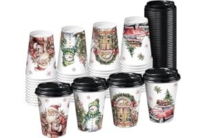 RUSPEPA Disposable Paper Coffee Cups with Lids 12 oz - 48 Pack Christmas Santa Claus and Snowman Printed Paper Drinking Cups,