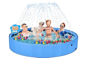 Jecoo Dog Pool with Sprinkler, Large 2-in-1 Foldable Dog Pool for Kids Dogs Non-Slip Sprinkler Kiddie Pool Hard Plastic for Outdoor Backyard (80"x12")