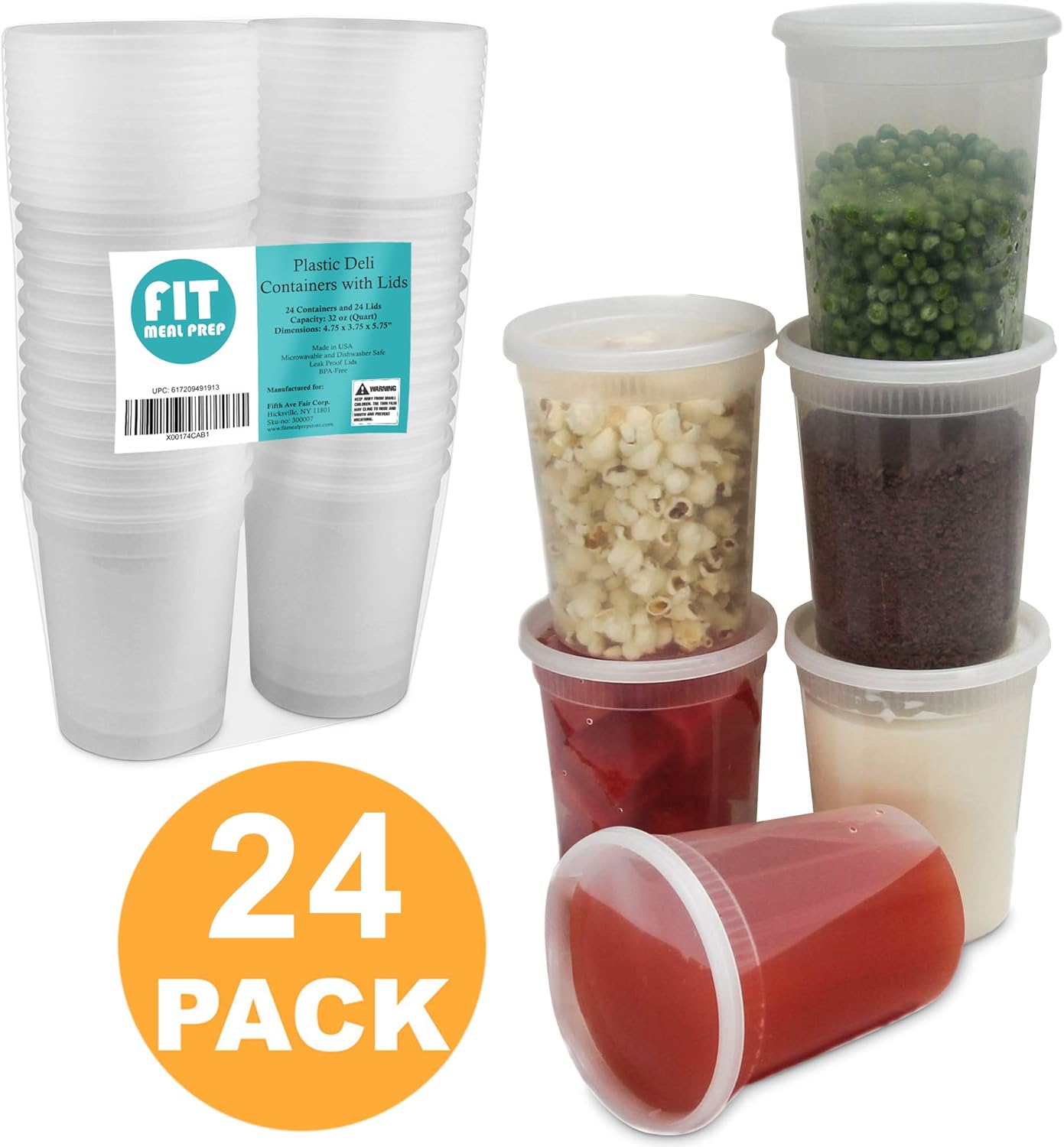 Food Storage Containers with Lids, Round Plastic Deli Cups, US Made, 32