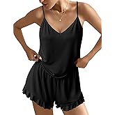 Ekouaer Womens Cami Pajama Sets V Neck PJs Soft Lingerie Sleepwear 2 Piece Tank Top with Ruffle Shorts