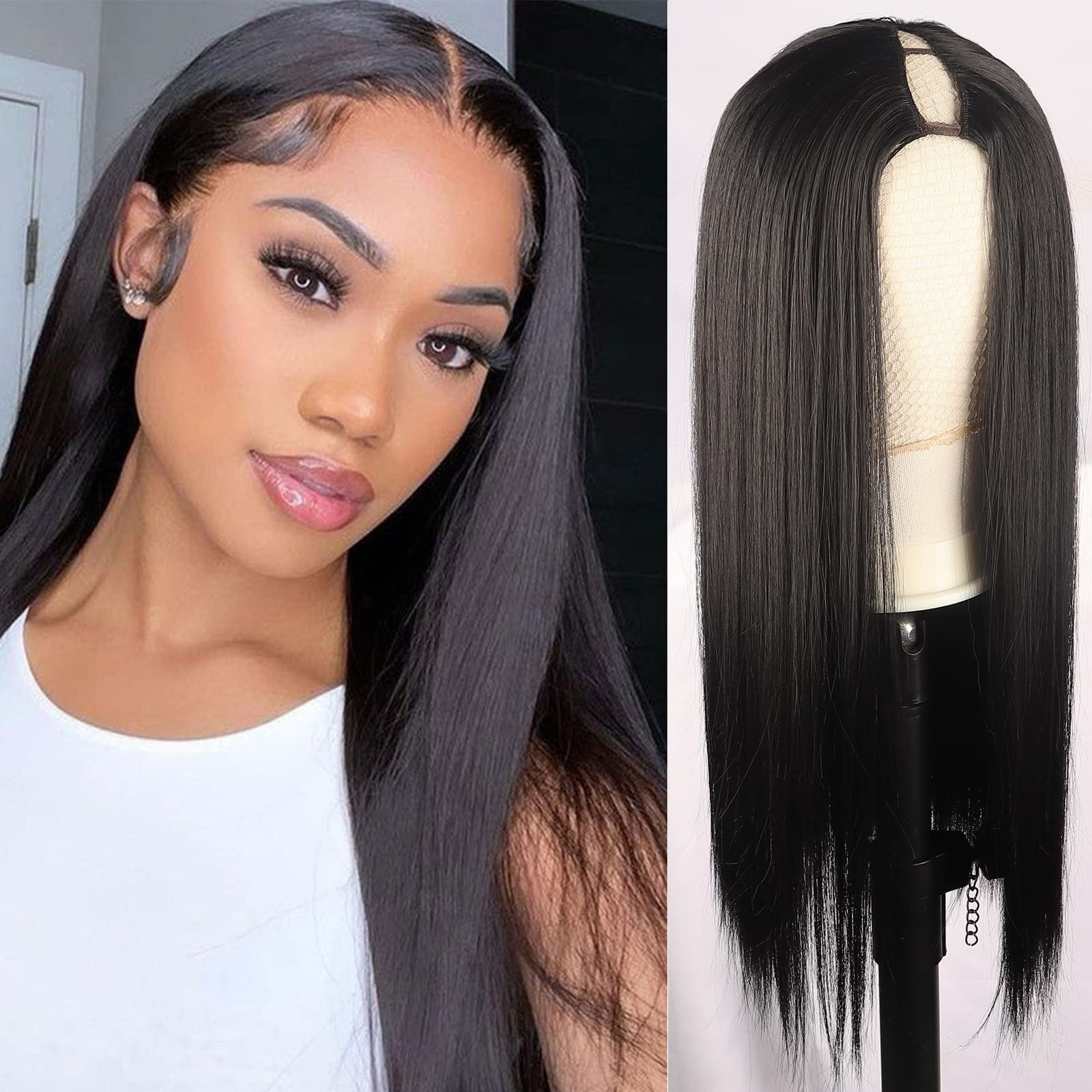 KRSI Straight V Part Wigs for Women U Part 1.5''x 3.5'' V Shape Glueless Wigs Natural Black Full Head V-part Hair Extension Clip in V Part Wig Synthetic Hair Half Wig 22 inch (Straight)