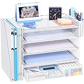 OPNICE Desk Organizer, 5-Tier Paper File Organizer with Drawer & Pen Holder, Office Desk Accessories, Workspace Desktop Organizer for Office Supplies(White)