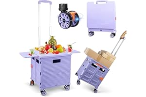 FELICON SELORSS Folding Utility Cart Portable Rolling Crate Handcart with Magnetic Sliding Lid Telescoping Handle Plastic Box Dolly 360°Swivel Wheels for Travel Shop Move Office Teacher(Purple Pro)