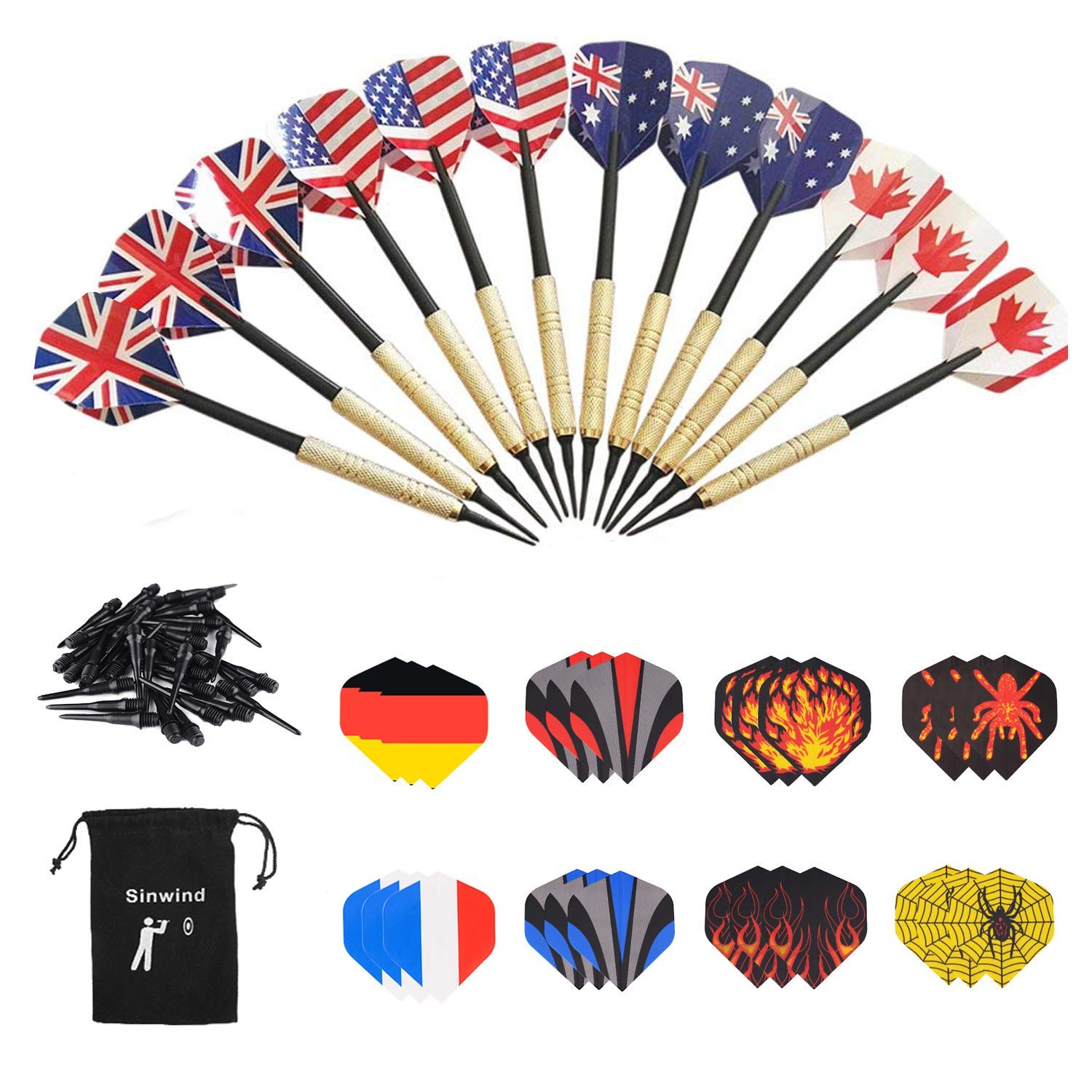 Darts Set, 12 Pcs Soft Tip Darts with Brass-plated Steel Barrels, 36 Flights and 36 Soft Tip Points for Electronic Dartboards