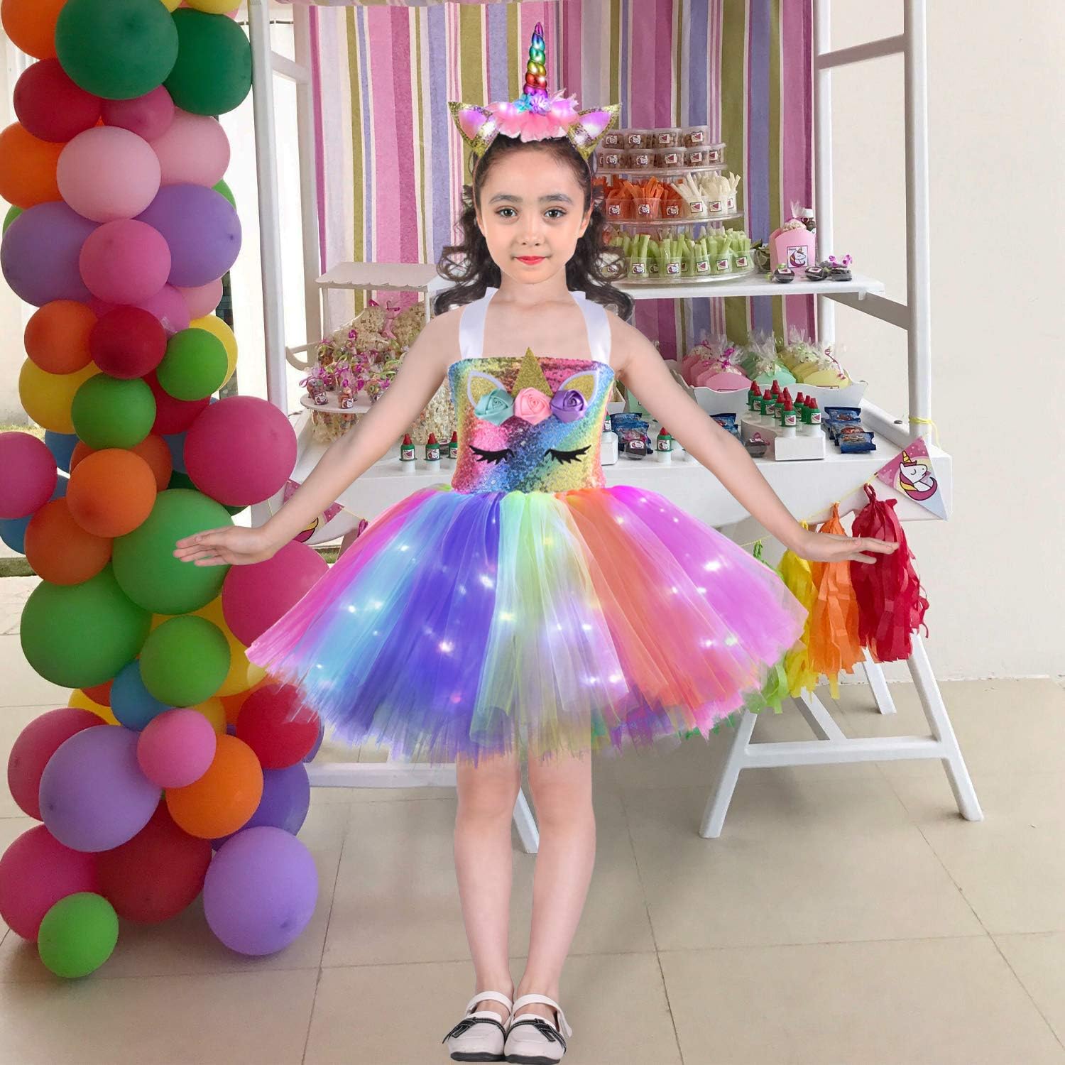 Unicorn Princess Birthday Little Girl Tutu Dress Sequin Lighted Toddler Kids Costume Outfit Party Halloween Headband: Clothing